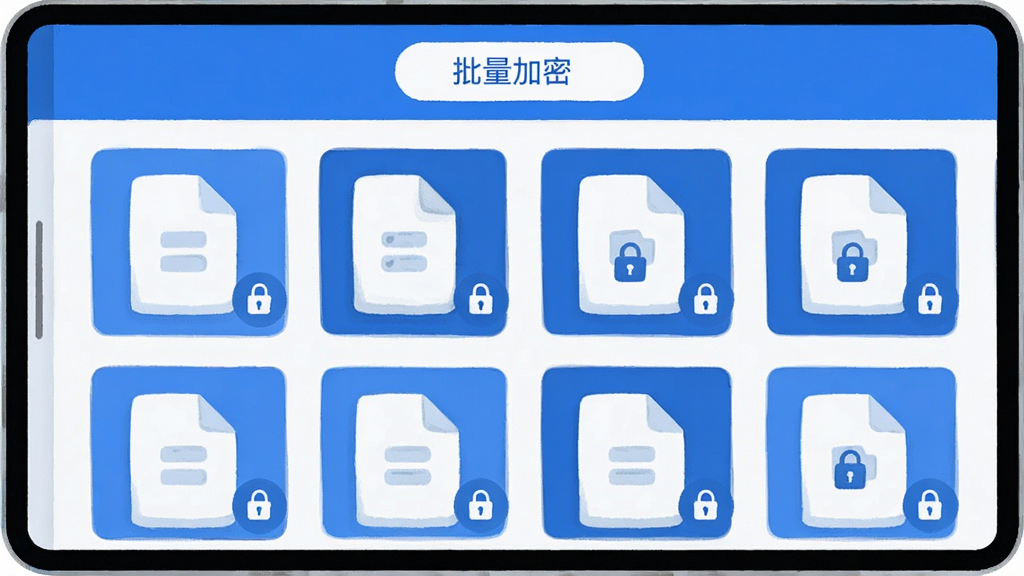 智块加密应用内文件列表界面截图风格插画,屏幕显示多个文件缩略图排列整齐,每个文件右侧有锁形图标,顶部有“批量加密”按钮,界面配色为蓝白相间,风格清爽现代,画质干净,无多余元素