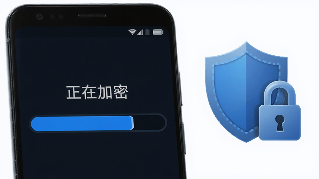 一部安卓手机屏幕显示智块加密应用的文件加密进度条界面,进度条为蓝色,上方有“正在加密”文字,背景为深色,手机旁边有盾牌与锁的图标,风格为科技感界面展示,画质干净,无多余元素