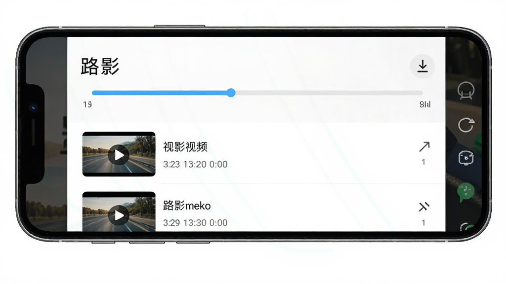 主体是手机屏幕显示路影视频下载管理界面,布局为上下结构,上方是下载进度条,下方是视频文件列表,排版整齐清晰,风格为现代手机应用UI展示,细节包括