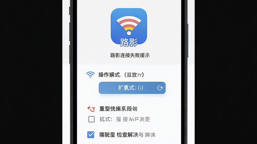 主体是手机屏幕显示路影连接失败提示与解决步骤,布局为上下结构,上方是错误提示图标,下方是操作步骤列表,排版简洁明了,风格为扁平化信息图,细节包括