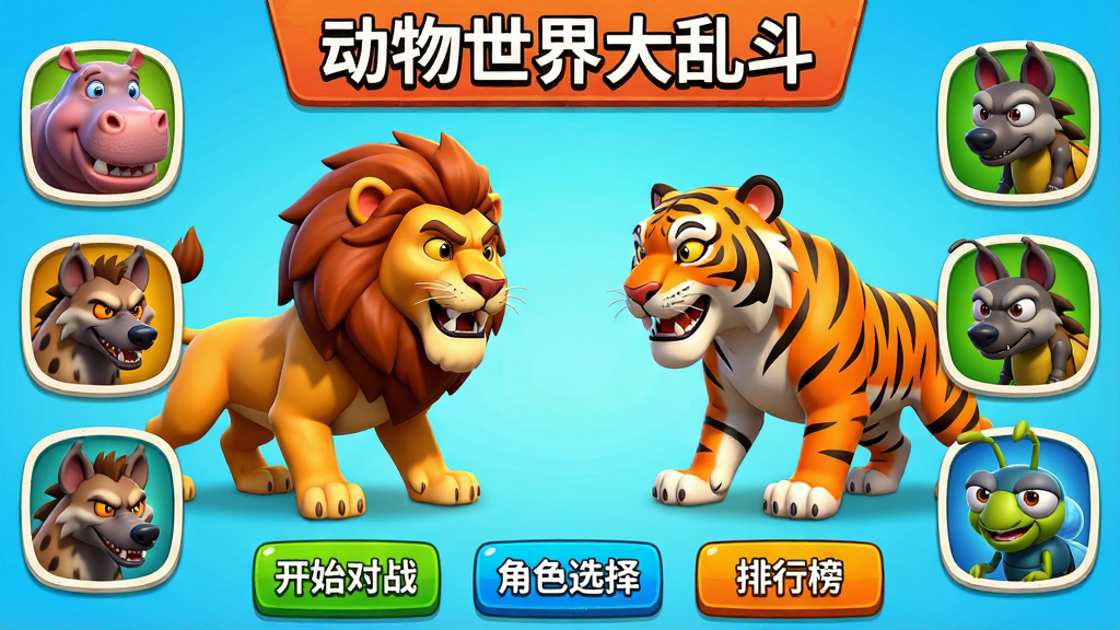 动物世界大乱斗游戏主界面截图,画面中央展示狮子与老虎对峙的3D卡通场景,周围环绕河马、鬣狗、昆虫等角色头像图标,顶部显示游戏名称“动物世界大乱斗”,底部排列开始对战、角色选择、排行榜等功能按钮,整体色调明亮鲜艳,风格为卡通渲染,画质清晰干净,无多余元素