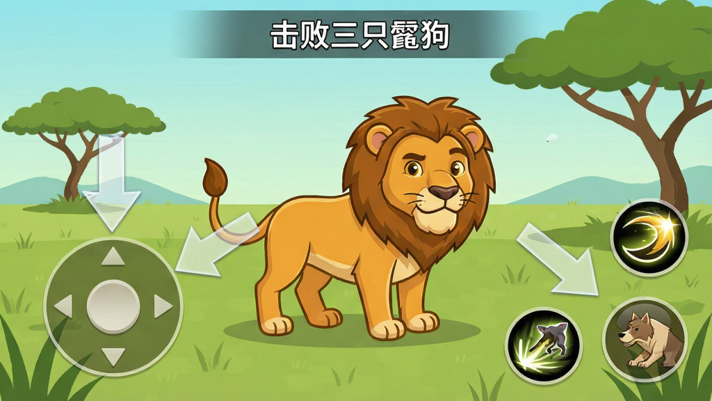 动物世界大乱斗新手教程界面,画面中一只卡通狮子站在草原上,周围有半透明的操作指引箭头指向屏幕下方的虚拟摇杆和技能按钮,顶部显示任务提示文字“击败三只鬣狗”,背景简洁,风格清新,画质干净无杂乱元素