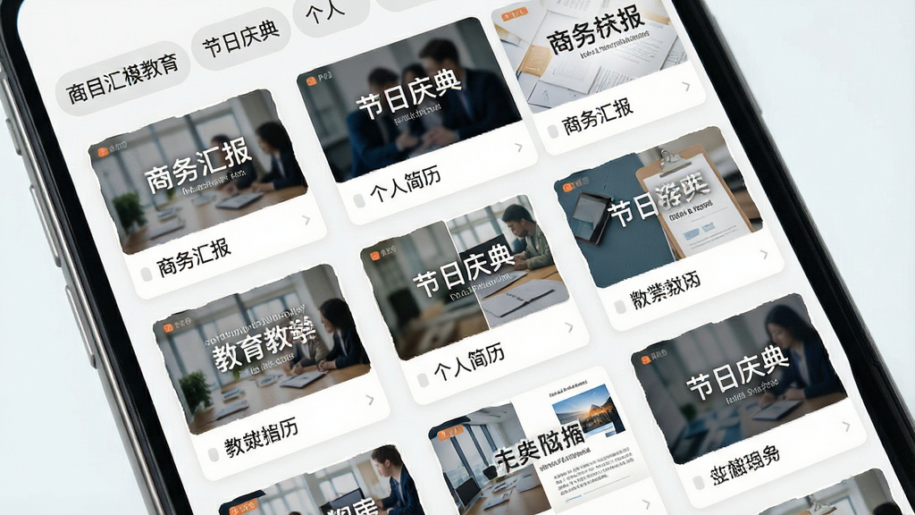 一张展示PPT模板应用模板库分类页面的图片,画面主体为手机屏幕,屏幕内呈现网格状排列的模板封面缩略图,分类标签横向展开包含