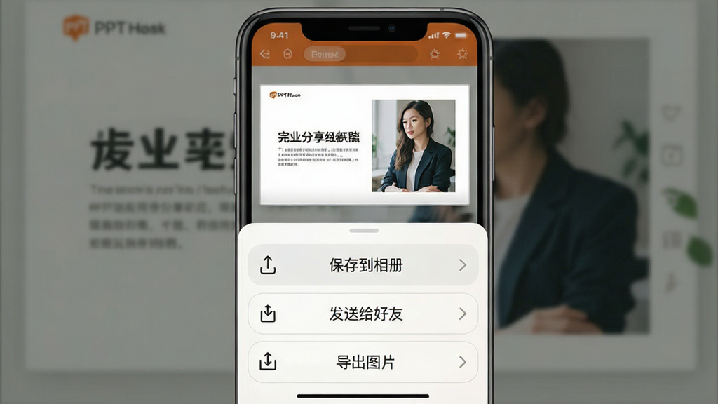 一张展示PPT模板应用导出与分享功能界面的图片,画面中手机屏幕显示一个完成制作的幻灯片预览页,底部弹出分享面板包含