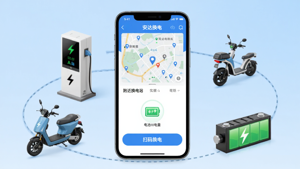 一张展示安达换电应用核心功能的宣传图,画面中央是一部智能手机,屏幕上显示安达换电APP的首页界面,界面中有附近换电站地图、电池电量图标和扫码换电按钮。手机周围环绕着换电站设备、电动车和满电电池的图标元素,背景为浅蓝色渐变,整体风格简洁现代,画质清晰干净,无多余元素,适合软件下载站展示。