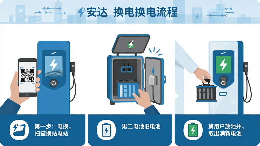 一张展示安达换电换电流程的示意图,画面分为三个步骤:第一步用户用手机扫描换电站二维码,第二步电池仓门打开用户取出旧电池,第三步用户放入旧电池并取出满电新电池。画面风格扁平化设计,色彩以蓝色和白色为主,每个步骤配有简洁图标和文字说明,整体布局清晰,画质干净,无多余元素。