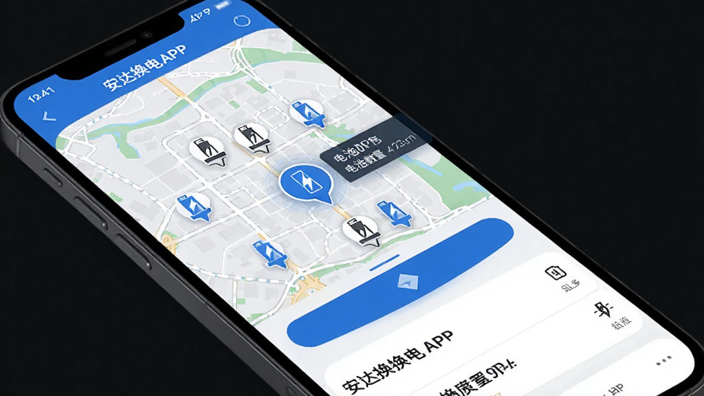 一张展示安达换电APP内换电站地图导航界面的图片,手机屏幕上显示城市地图,地图上标注多个换电站图标,其中一个图标被高亮显示并显示距离和电池数量信息。地图下方有导航按钮和站点列表,整体界面风格清爽,蓝色主题色调,画质清晰,适合用于软件功能介绍配图。