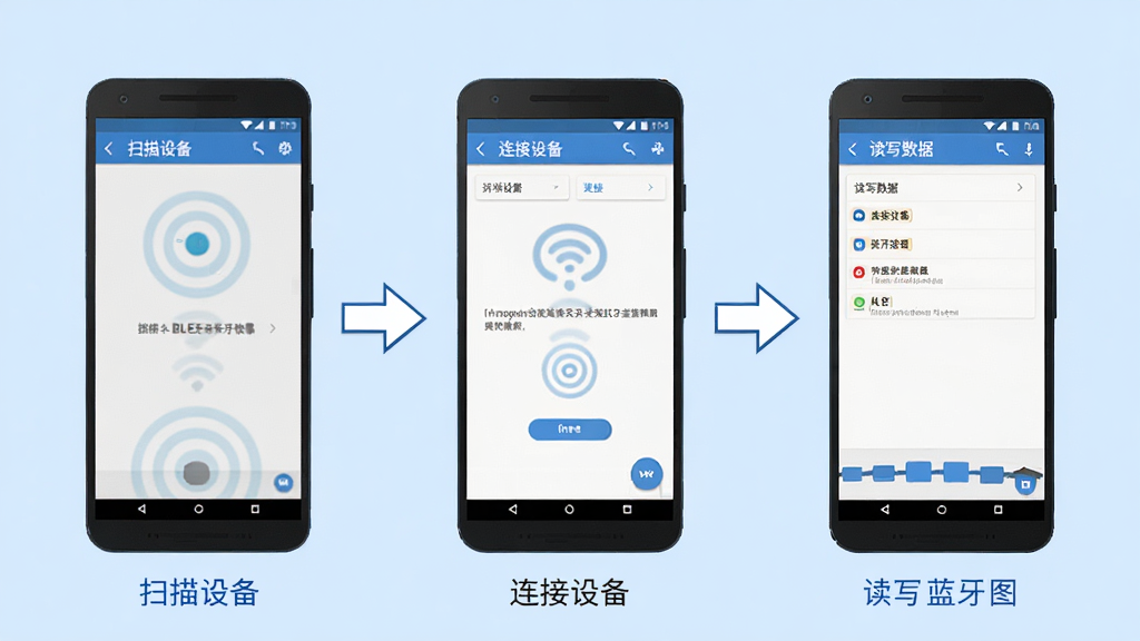 BLE蓝牙助手使用教程示意图,画面展示一部安卓手机操作BLE蓝牙助手应用的步骤流程,手机屏幕分别显示扫描设备、连接设备、读写数据三个界面,用箭头连接,主体为手机和操作步骤,布局横向排列,排版清晰,扁平化风格,细节简洁,画质高清,干净,无多余元素