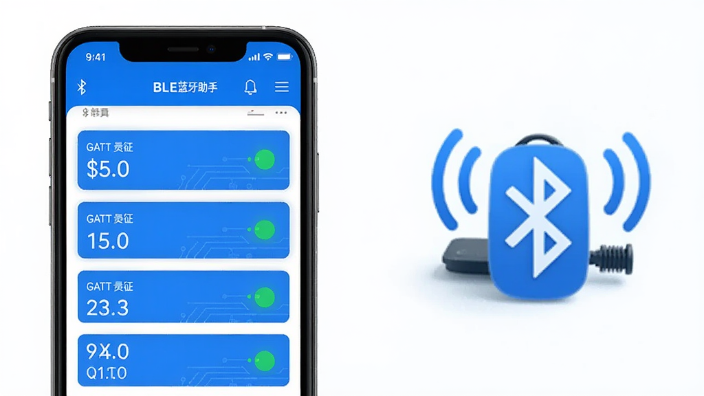 BLE蓝牙助手功能展示图,画面中一部手机正在展示BLE蓝牙助手应用的服务列表界面,屏幕上清晰列出多个GATT服务与特征值条目,旁边有蓝牙设备图标和连接状态指示灯,主体突出,布局左侧手机右侧设备图标,排版整齐,科技蓝风格,细节清晰,画质高清,干净,无多余元素