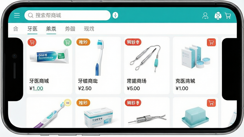 一张牙医帮商城页面的手机截图风格图片,画面主体是手机屏幕内展示牙医帮商城界面,商品以网格形式排列,包含牙膏、牙刷、牙科器械等商品图片,每个商品下方有名称和价格,顶部有搜索框和分类标签,布局整齐,风格为清新浅色系电商UI,细节包括购物车角标、促销标签等,画质高清,干净,无多余元素
