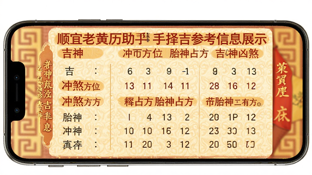 顺宜老黄历助手择吉参考信息展示图,手机界面中显示吉神凶煞、冲煞方位、胎神占方等传统黄历条目,文字排版工整,配色以红黄暖色为主,背景干净简洁,风格古朴,画质清晰,适合软件功能预览