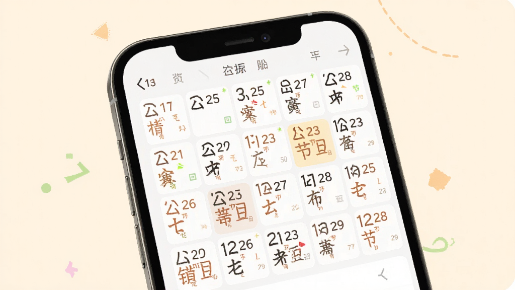顺宜老黄历助手农历公历对照查询界面预览图,画面中手机屏幕显示一个月历视图,每个日期格内同时标注公历数字与农历小字,节气与节日用不同颜色高亮,整体排版清爽整洁,背景为柔和浅色,画质细腻,无多余元素