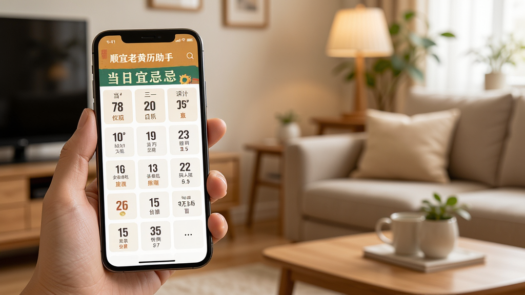 顺宜老黄历助手手机端使用场景示意图,画面展示一只手拿着手机,手机屏幕上显示顺宜老黄历助手的当日宜忌页面,背景为温馨的家居环境,风格写实自然,光线柔和,画质清晰,无多余杂乱元素