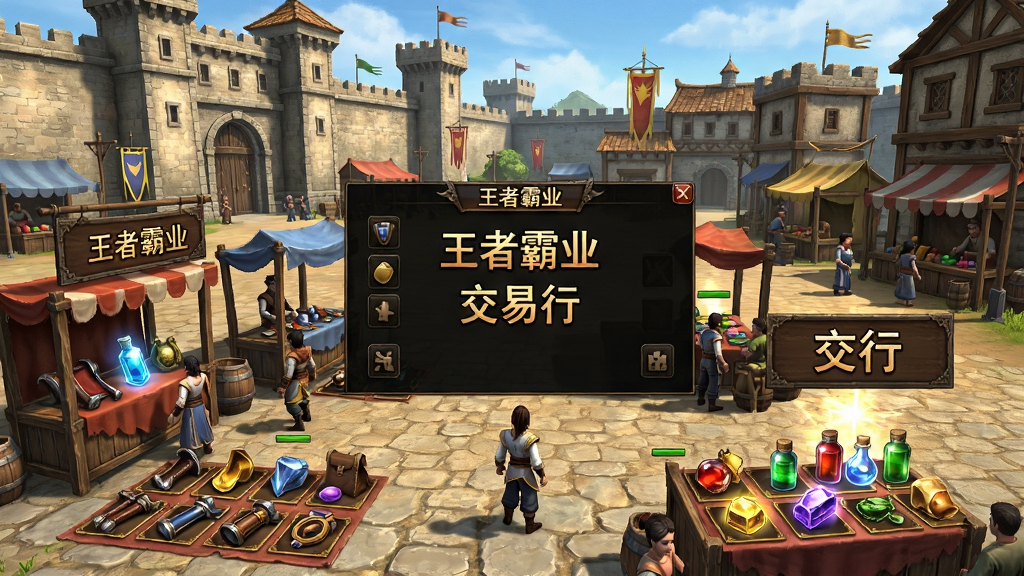 游戏主城摆摊区域,画面中多位玩家角色头顶摆摊招牌,地面摆放着各种装备与物品图标,背景是热闹的沙巴克城墙与商铺建筑,画面中央有“王者霸业”交易行界面弹出,风格为传奇类手游写实画风,细节包含摊位招牌、物品光效、人群角色,画质高清,干净,无多余元素