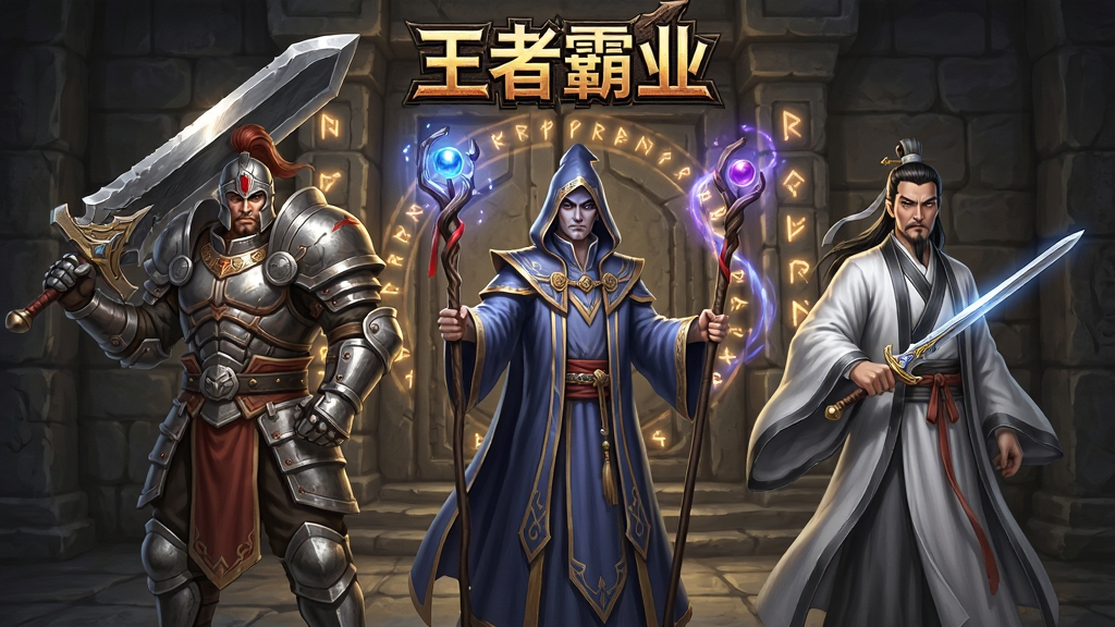 游戏角色选择界面,画面中并排站立三位传奇风格角色,左侧是手持巨剑的重甲战士,中间是身穿法袍手持法杖的法师,右侧是道袍飘逸手持道剑的道士,背景为古老的石门与符文光阵,画面顶部有“王者霸业”游戏Logo,风格为东方魔幻写实,细节包含布料褶皱、金属反光、魔法光效,画质高清,干净,无多余元素