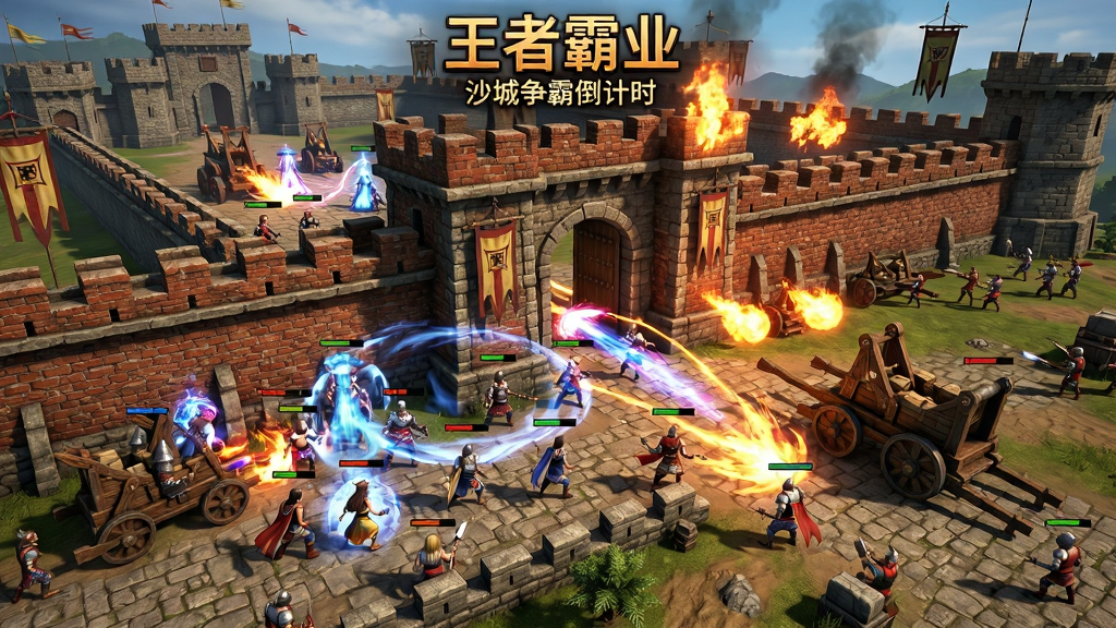 沙巴克攻城战全景,画面中大量玩家角色在城墙上下混战,技能光效铺满屏幕,城门处有攻城车与火焰,画面顶部显示“王者霸业”沙城争霸倒计时,风格为热血传奇CG质感,细节包含城墙砖石、技能特效、角色装备,画质高清,干净,无多余元素