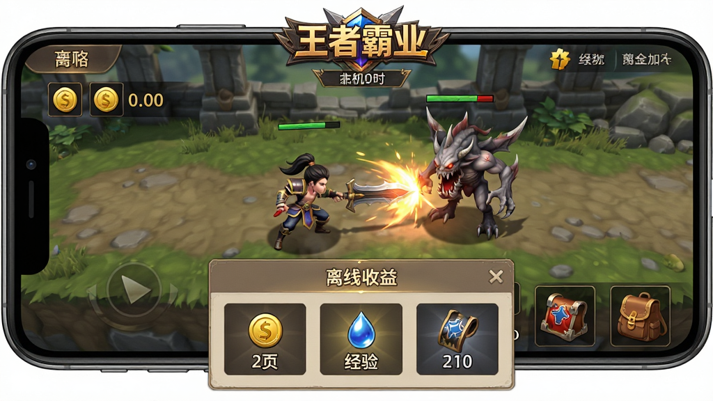 手机放置界面展示离线挂机收益,画面中角色自动攻击怪物,屏幕下方弹出“离线收益”面板显示金币、经验、装备数量,顶部有“王者霸业”Logo,风格为简洁手游UI与写实场景结合,细节包含挂机倒计时、收益图标、背包格子,画质高清,干净,无多余元素
