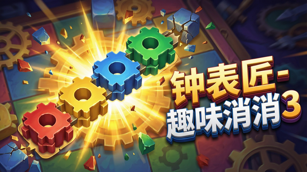游戏棋盘上四个同色齿轮方块连成一线,引发金色光芒爆炸效果,周围方块纷纷碎裂,画面右侧用立体字写着“钟表匠-趣味消消3”,风格动感炫酷,色彩鲜艳,细节丰富,画质清晰干净,无多余元素