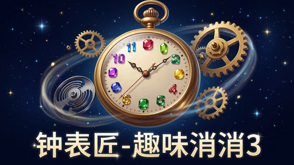 一座巨大的金色怀表悬浮在画面正中,表盘上的数字由各种颜色的宝石替代,周围环绕着流动的齿轮和发条,画面下方用发光字体写着“钟表匠-趣味消消3”,背景是深邃的星空蓝,风格奇幻精致,细节清晰,画质干净,无多余元素