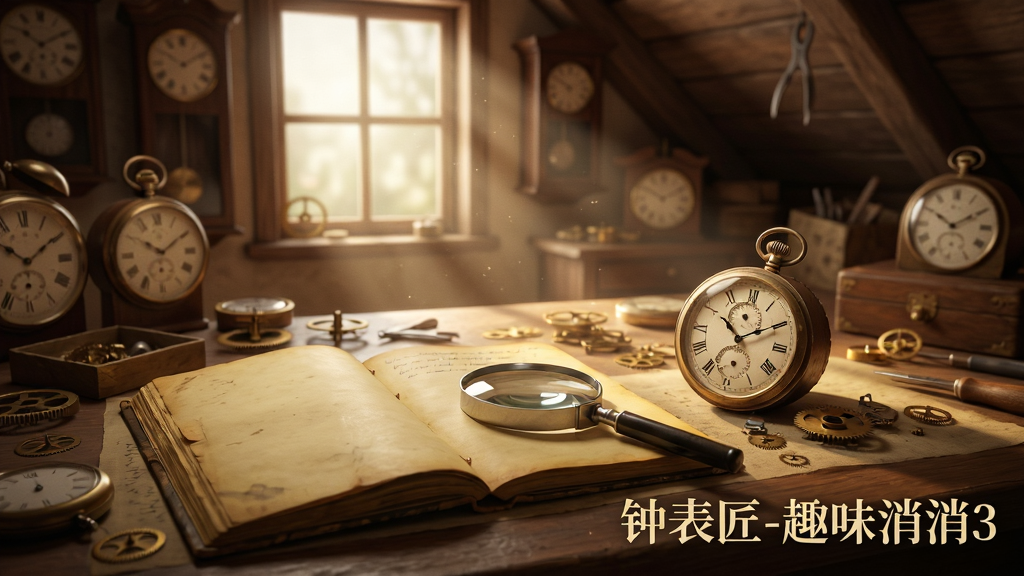 一间堆满钟表零件的阁楼,阳光从窗户斜射进来,桌上摊开一本泛黄的日记本,旁边放着放大镜和半修复的钟表,画面角落用优雅的字体写着“钟表匠-趣味消消3”,风格怀旧温馨,布局层次分明,画质细腻干净,无多余元素