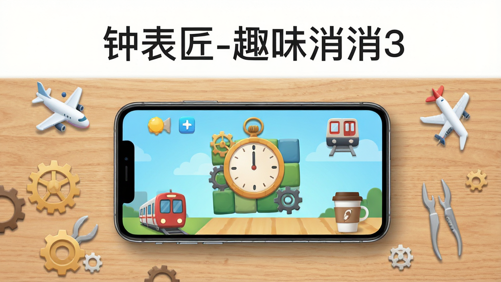 一部智能手机放在木质桌面上,屏幕显示钟表匠-趣味消消3的游戏界面,周围有飞机、地铁、咖啡杯等元素环绕,画面顶部用简洁字体写着“钟表匠-趣味消消3”,风格现代简约,布局清晰,画质明亮干净,无多余元素