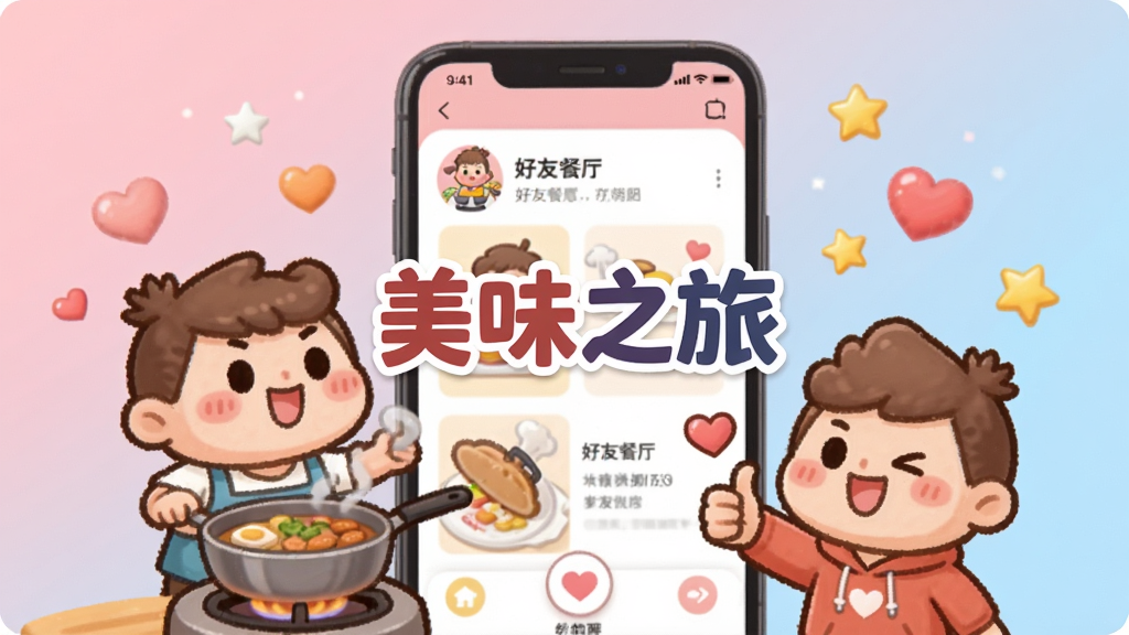 画面展示两位卡通角色在手机屏幕前互动,一位角色在烹饪,另一位角色在点赞,屏幕中显示好友餐厅的界面,周围有爱心和星星飘浮,背景是柔和的粉色和蓝色渐变,整体风格轻松愉快,画质清晰,无多余元素,图片中央带有“美味之旅”文字
