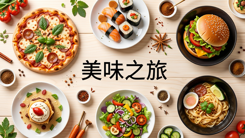 一张展示世界各地美食的平铺俯视图,画面中包含披萨、寿司、汉堡、拉面、沙拉、甜点等不同种类的菜品,每道菜都摆放精致,色彩诱人,背景是干净的木质桌面,四周散落着新鲜食材和香料,整体风格清新明亮,画质细腻,无多余元素,图片中央带有“美味之旅”文字