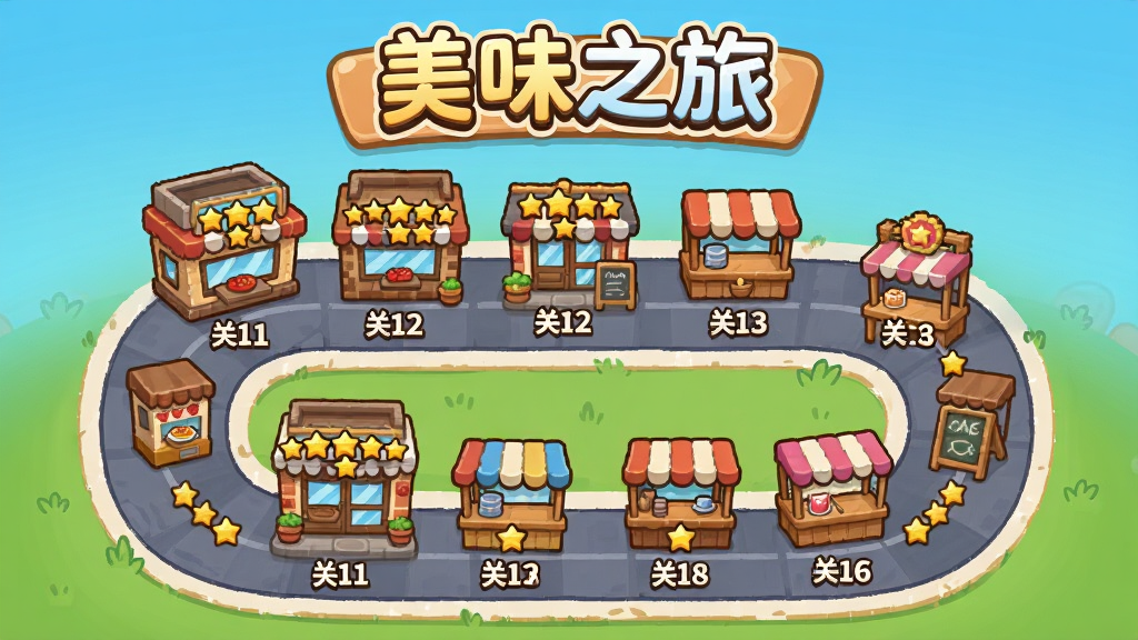 一张游戏关卡选择界面的插画,画面中是一条蜿蜒的街道地图,街道两旁分布着不同风格的餐厅和摊位,每个地点都标注着星星和关卡编号,地图上方有“美味之旅”的标题文字,整体风格卡通可爱,色彩丰富,画质干净,无多余元素