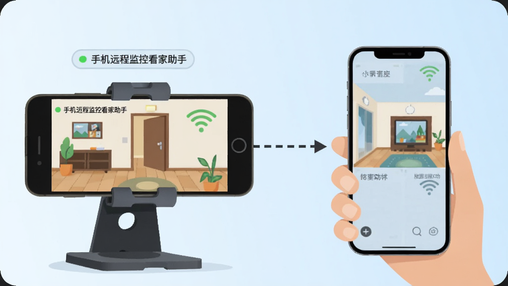 画面左侧是一部横屏放置的旧手机被夹在桌面支架上,镜头对准房间入口,画面右侧是一部正在手持查看监控画面的新手机,两部手机之间用一条虚线箭头连接表示配对成功,背景为浅蓝色渐变,风格为简洁扁平化图标设计,细节包括“手机远程监控看家助手”文字标签、绿色在线状态点、WiFi连接符号,画质清晰干净,无多余元素
