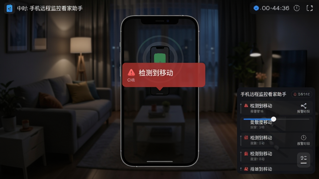 画面中央是一部手机弹出红色警报通知卡片,卡片上写着“检测到移动”,背景是夜晚的客厅监控画面,画面右下角有一个时间轴列表展示多条报警记录,风格为深色科技风UI界面,细节包括“手机远程监控看家助手”文字标识、灵敏度调节滑块、报警时间段设置图标,画质清晰干净,无多余元素
