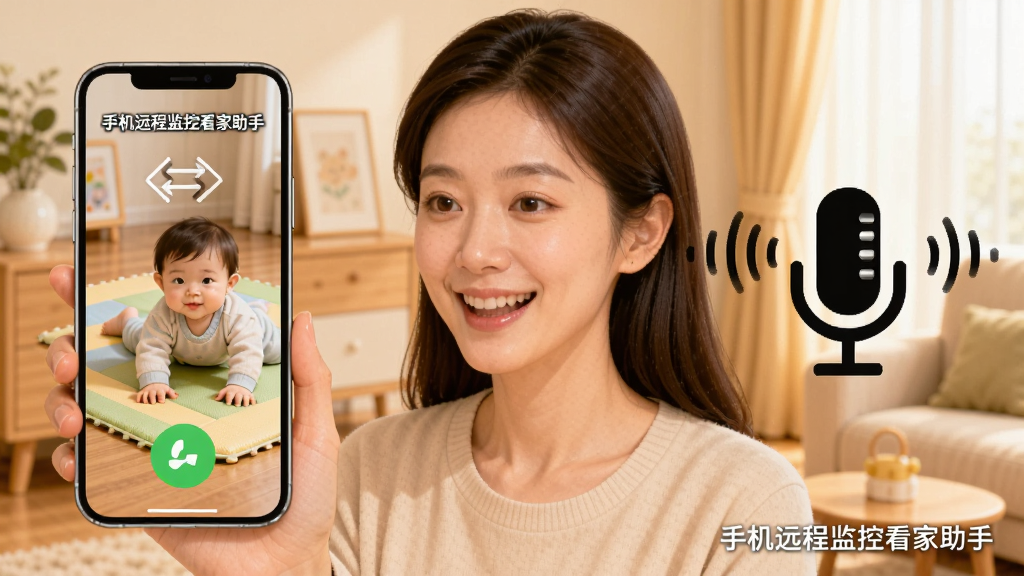 画面中心是一位年轻妈妈拿着手机微笑说话,手机屏幕里显示家中宝宝在爬行垫上玩耍,画面右侧有一个醒目的麦克风图标和声波纹理,背景是暖色调的居家环境,风格为温馨写实插画,细节包括“手机远程监控看家助手”水印标签、双向箭头表示语音互通、绿色通话按钮,画质清晰干净,无多余元素