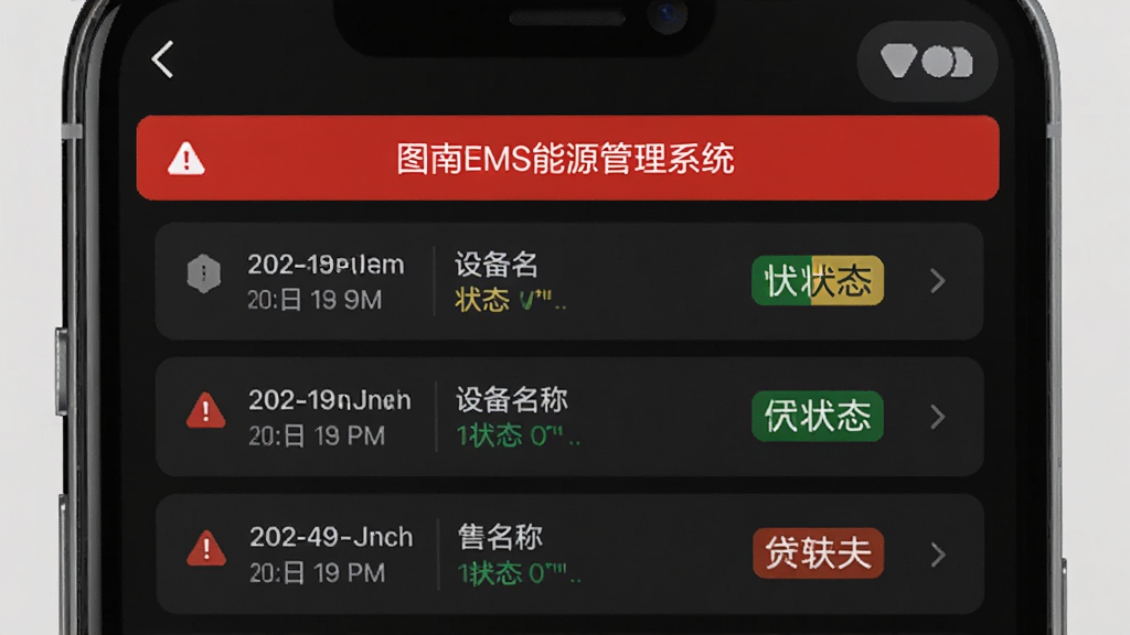 一部手机屏幕显示“图南EMS能源管理系统”的告警推送界面,顶部有红色紧急告警横幅,下方列表展示三条不同等级的告警记录,每条包含时间、设备名与状态标签,背景为深色模式,细节包含手机边框与通知图标,画质锐利,干净,无多余元素