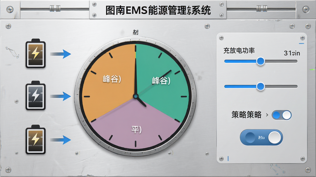 画面展示“图南EMS能源管理系统”的储能策略配置界面,中央是一个圆形时钟图表,标注峰、谷、平三个时段,右侧有充放电功率滑块与策略开关按钮,背景为浅灰色工业风,细节包含电池图标与箭头流向,画质清晰,干净,无多余元素