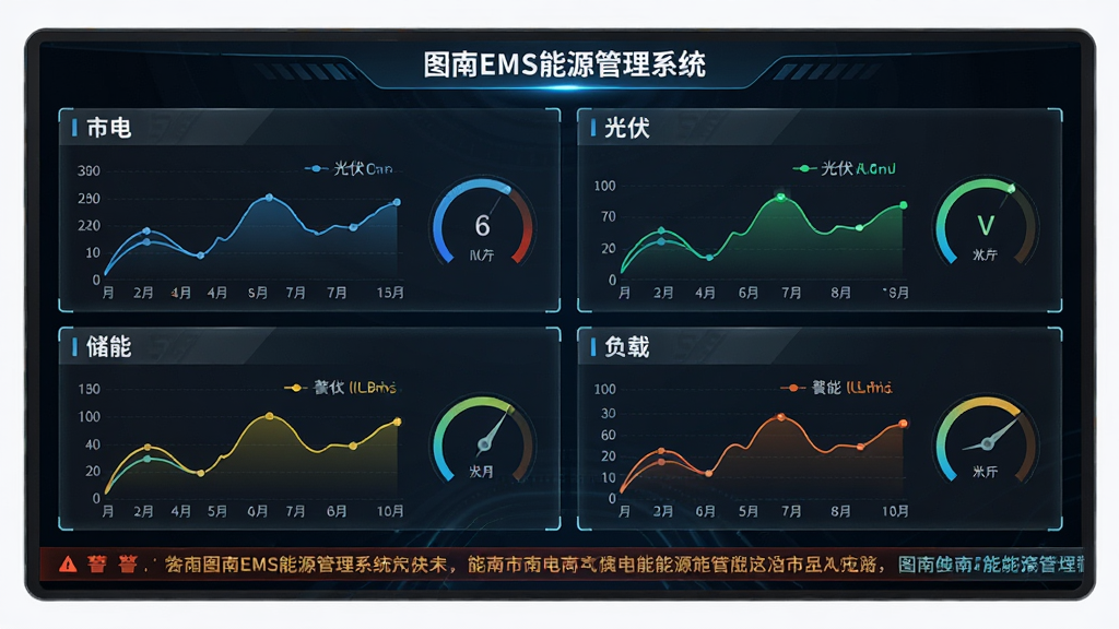 一块横向大屏显示“图南EMS能源管理系统”的实时能效看板,画面分为四个区域,分别标注市电、光伏、储能与负载,每个区域有动态折线图与数字仪表,屏幕下方有告警滚动条,整体风格为深色科技风,细节包含发光边框与半透明玻璃质感,画质高清,干净,无多余元素