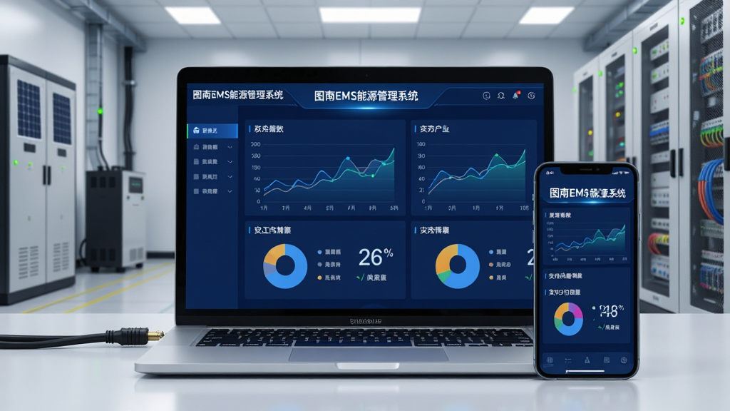画面中央展示一台打开的笔记本电脑与一部智能手机,两块屏幕上同步显示“图南EMS能源管理系统”的深蓝色数据看板,看板包含折线图、饼图与实时功率数字,背景是整洁的现代配电房环境,左侧有储能柜与光伏逆变器设备剪影,整体布局左右对称,风格为科技写实风,细节包含屏幕反光、线缆接口与指示灯,画质4K清晰,干净,无多余元素