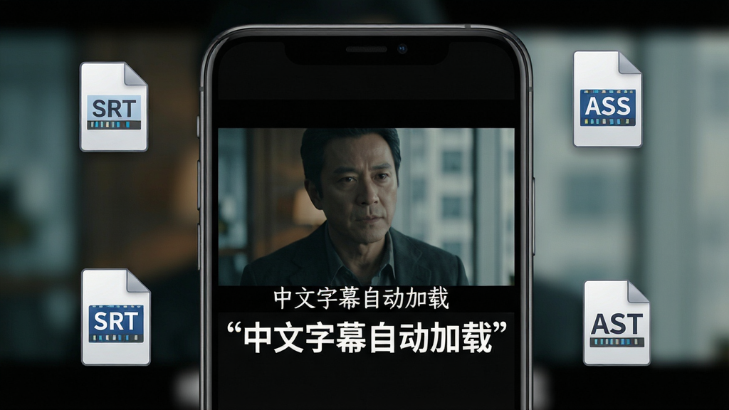 主体是手机屏幕特写,画面中播放着电影,底部显示清晰的中文字幕。布局以手机屏幕为中心,字幕文字用引号标注为