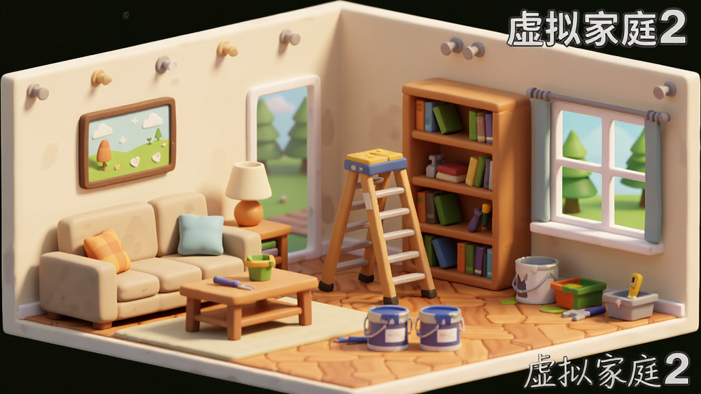 一幅虚拟家庭2房屋装修场景的插画,主体是一个正在装修的客厅,布局为左侧沙发茶几、右侧书架和窗户、中间放置梯子和油漆桶,排版为室内透视视角,风格为温馨卡通渲染风格,细节包括墙上的装饰画、地板纹理、窗外的绿树、散落的工具,画质高清干净无多余元素,画面中带“虚拟家庭2”文字