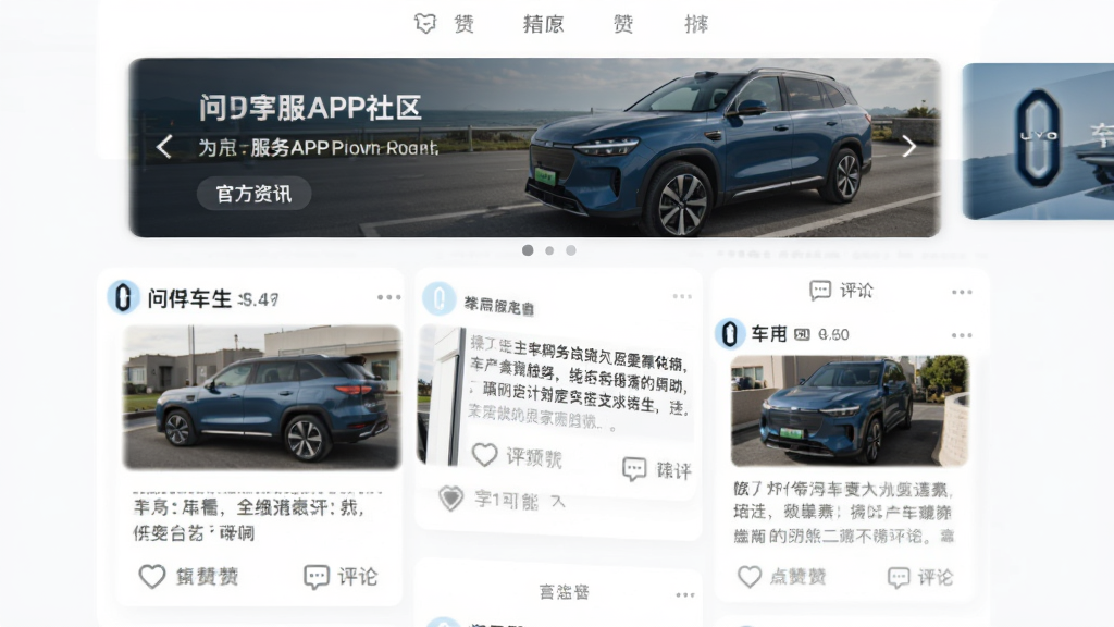 问界服务APP社区界面截图,顶部为官方资讯轮播图,下方信息流展示多条车主帖子,包含车辆照片、文字描述与点赞评论按钮,界面风格清新明亮,布局整齐,画质清晰,无杂乱元素