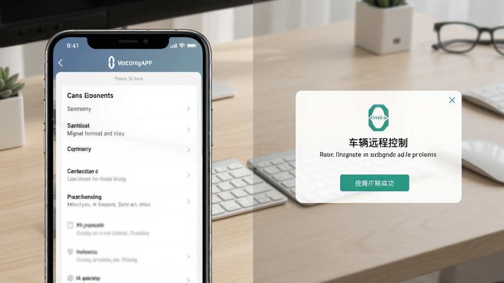 问界服务APP使用指南示意图,画面左侧为手机界面显示权限设置页面,右侧为车辆远程控制成功提示弹窗,背景为浅色办公桌面,风格简洁实用,画质清晰,无多余元素