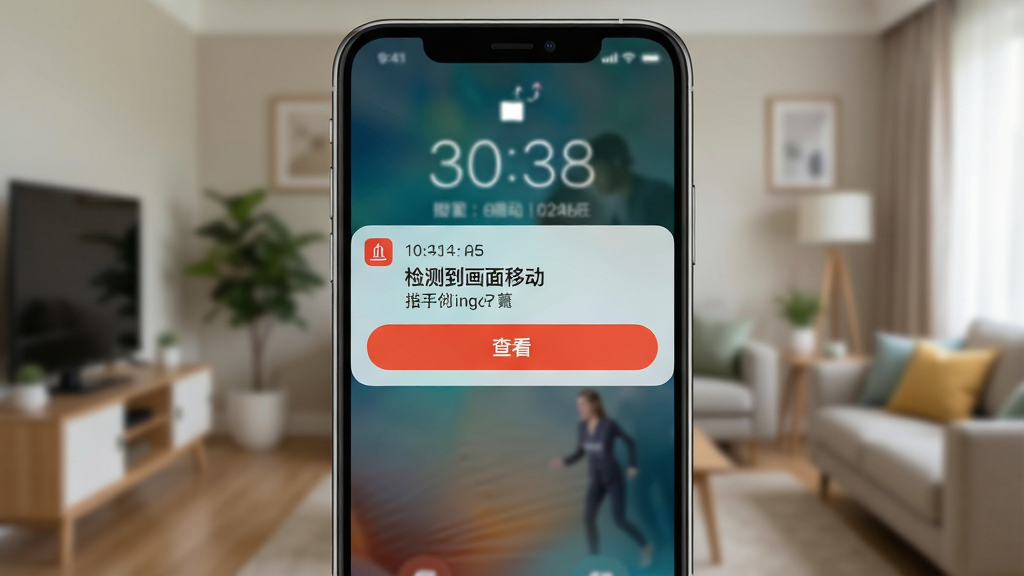 一张展示安小家APP移动侦测报警推送通知的图片,画面主体是手机锁屏界面,屏幕上弹出报警通知卡片,显示“检测到画面移动”和查看按钮,背景是模糊的室内环境。布局采用居中构图,通知卡片位于屏幕中央,风格为手机界面展示,细节包括时间戳、摄像头名称、报警图标。画质清晰,干净,无多余元素。