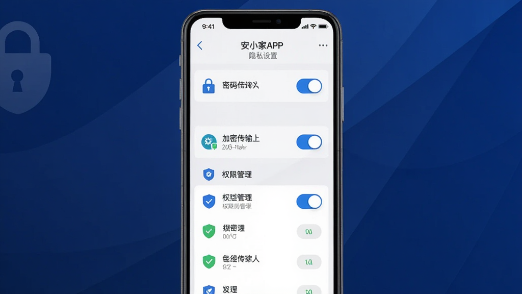 一张展示安小家APP隐私设置界面的图片,画面主体是手机屏幕,屏幕上显示着密码锁开关、加密传输标识和权限管理列表,背景是深蓝色渐变。布局采用列表式排版,风格为安全主题UI,细节包括锁图标、盾牌标识、开关按钮。画质清晰,干净,无多余元素。