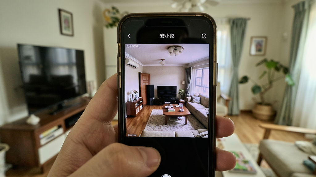 一张展示安小家APP在手机上运行监控画面的实拍图,画面主体是手持手机显示客厅实时画面,背景是家庭环境,布局采用第一人称视角,风格为生活纪实摄影,细节包括手机边框、屏幕反光、手指握持姿势。画质清晰,干净,无多余元素。