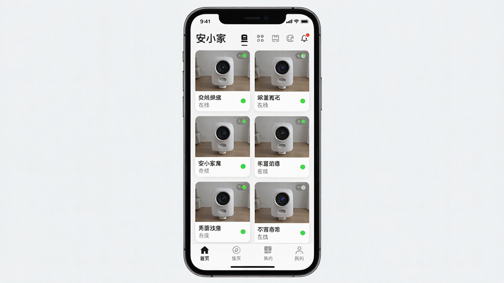 一张展示安小家APP首页界面布局的图片,画面主体是手机竖屏,首页显示多个摄像头缩略图卡片,每个卡片上有设备名称和在线状态,底部有导航栏。布局采用网格排列,风格为扁平化UI设计,细节包括图标、文字标签、状态指示灯。画质清晰,干净,无多余元素。