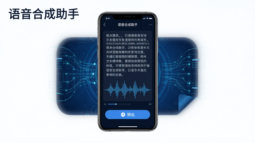 一张展示语音合成助手长文本合成与导出功能的预览图,画面中手机屏幕显示一段长文字被转换为声波波形图,下方有导出按钮,背景为深蓝色科技风格,手机周围有数据流动线条,整体布局简洁大方,画质清晰干净,无多余元素,图片中文字标注