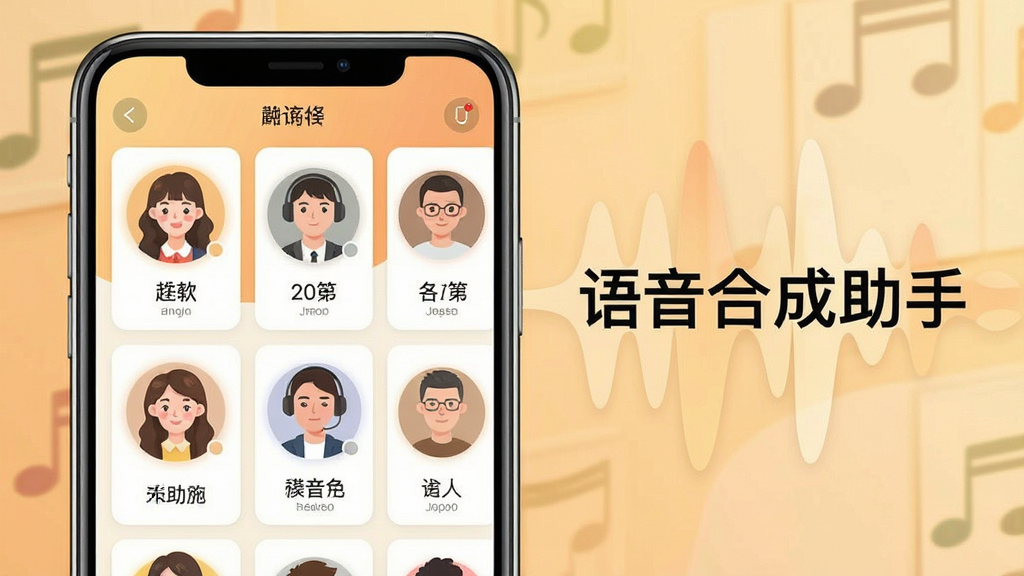 一张展示语音合成助手音色选择界面的预览图,画面中手机屏幕显示多个发音人头像卡片排列,每个卡片标注不同音色名称,背景为温馨暖色调,手机旁有声波扩散图形,整体布局整齐美观,风格清新自然,画质清晰干净,无多余元素,图片中文字标注