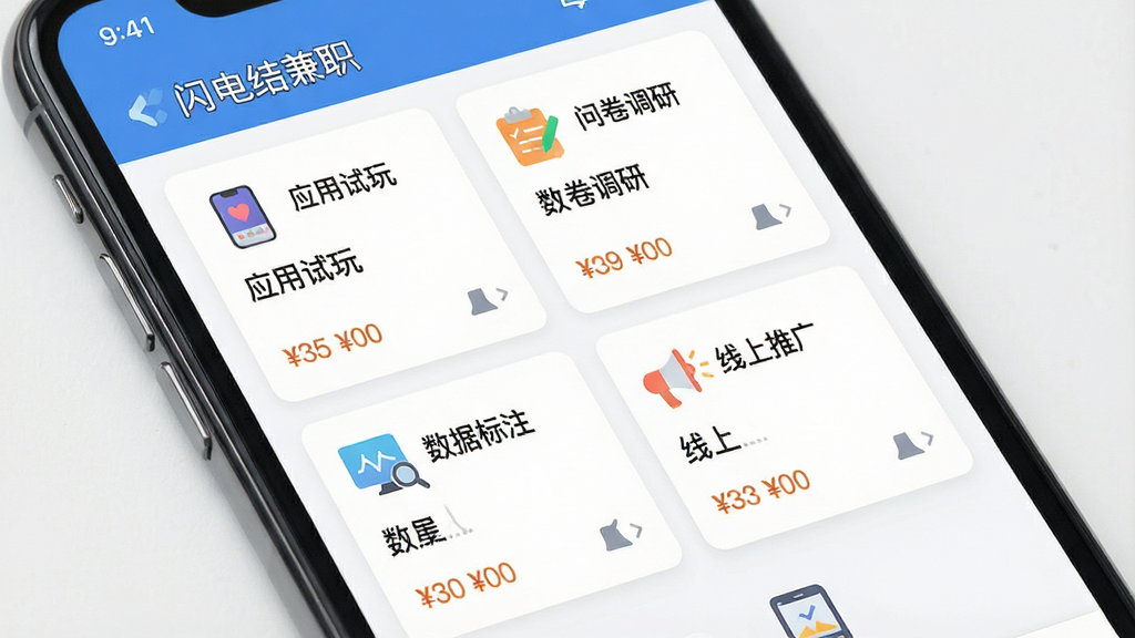一幅展示“闪电结兼职”应用内任务分类界面的场景图,画面主体是手机屏幕,屏幕上排列着多个任务分类卡片,分别标注“应用试玩”“问卷调研”“数据标注”“线上推广”等字样,布局采用网格状排列,排版清晰,风格为现代扁平化UI风格,细节包括每个卡片上的小图标和报酬数字,画质高清,画面干净,无多余元素