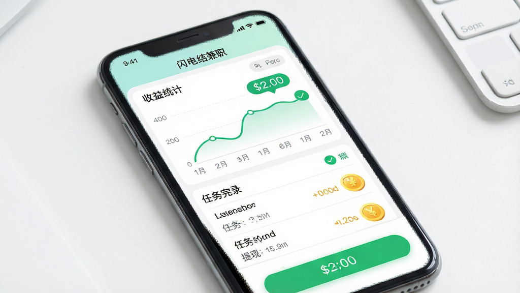 一幅展示“闪电结兼职”个人中心收益明细页面的场景图,画面主体是手机屏幕,屏幕上显示收益曲线图、任务完成列表和提现按钮,布局采用上下结构,上方为收益统计图表,下方为任务记录列表,风格为清新简约的移动端UI风格,细节包括数字动画效果、绿色对勾图标、金币图标,画质高清,画面干净,无多余元素