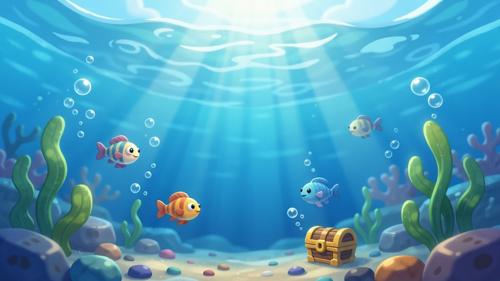 一个卡通风格的水下场景,画面中央是清澈的蓝色水体,阳光从水面折射下来形成光柱,水中漂浮着气泡和水草,几条卡通小鱼在游动,底部有彩色石子和一个小宝箱,布局为纵向的水下透视,风格为清新治愈的插画,细节包括光线渐变和水波纹理,画质细腻,干净,无多余元素