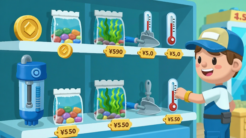一个卡通风格的虚拟水族商店界面,货架上摆放着各种清洁工具和装饰道具,包括蓝色自动过滤器、彩色石子袋、绿色水草、小铲子和温度计,画面右侧有一个穿着工装的角色正在挑选商品,布局为货架从左到右排列,角色站在右侧,风格为色彩鲜艳的扁平化设计,细节包括金币图标和价格标签,画质高清,干净,无多余元素