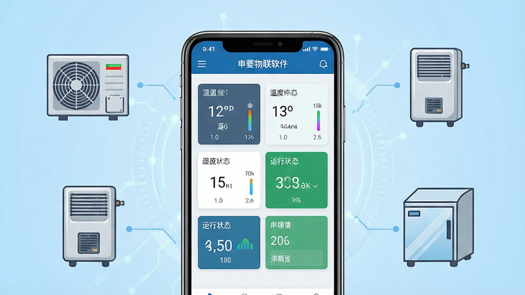 一张展示申菱物联软件核心全貌的图片,画面中央是一部智能手机,手机屏幕上显示着申菱物联APP的设备监控仪表盘界面,包含温度、湿度、运行状态等数据卡片,手机周围环绕着空调外机、除湿机、冷柜等工业设备图标,背景为浅蓝色科技感渐变,整体风格简洁专业,画质清晰,干净无多余元素